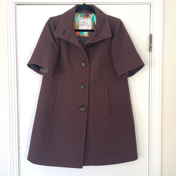 Milly of New York Brown Short Sleeve Button Front Coat Jacket Sz 4 Vintage Silk - Picture 1 of 7